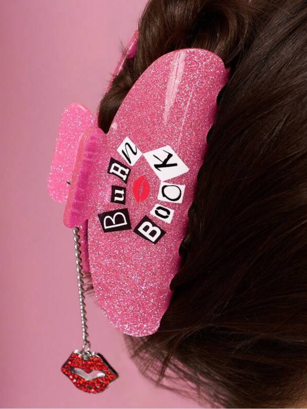 Macy's Pink Glitter 'Bun Book' Hair Clip with Red Lip Charm